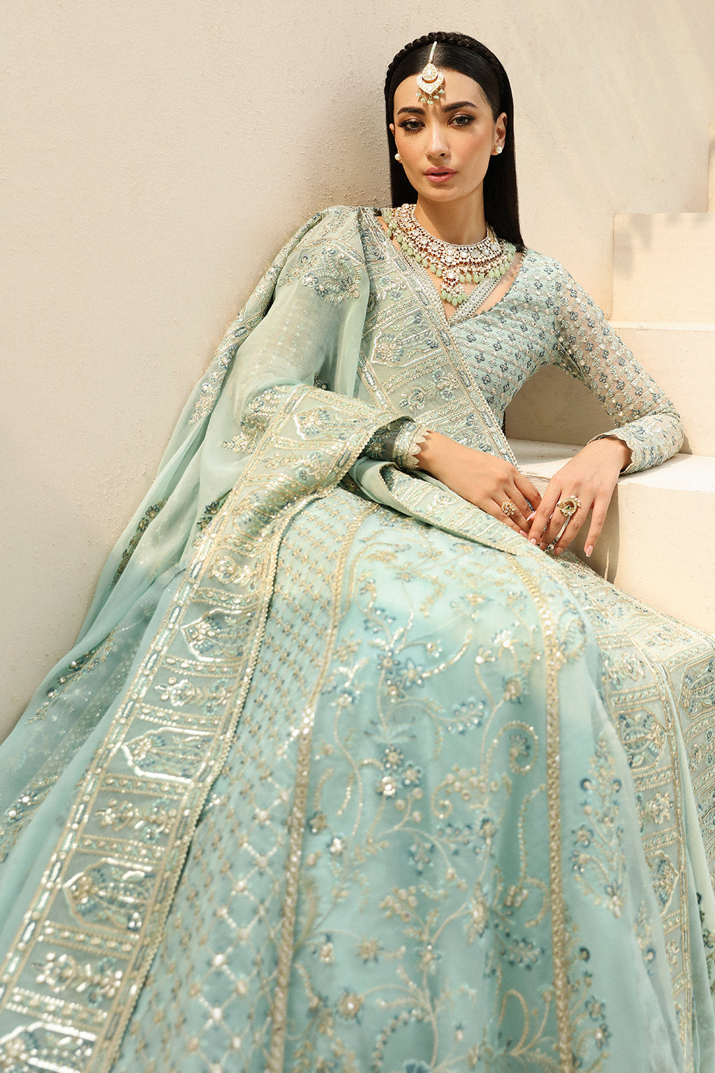 Afrozeh Shehnai Wedding Formals 24 Tazmeen - Ice Blue Pakistani Dress with intricate embroidery and embellishments. Shop elegant Asian dresses at Maria Faisal.