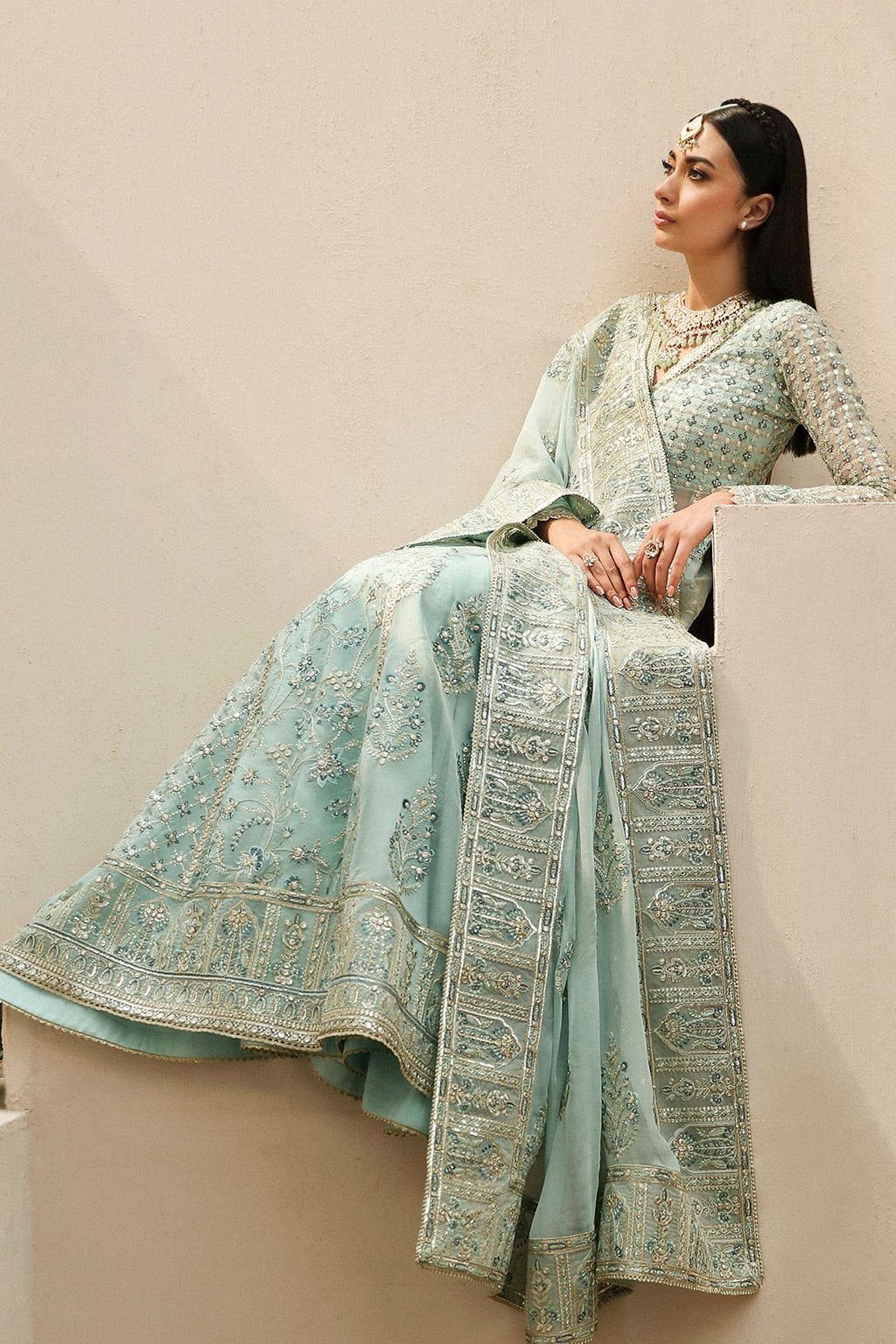 Afrozeh Shehnai Wedding Formals 24 Tazmeen - Ice Blue Pakistani Dress with intricate embroidery and embellishments. Shop elegant Asian dresses at Maria Faisal.