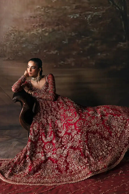 Afrozeh The Brides Edit 23 Adelaide – Brick Red Pakistani Bridal Dress with intricate embroidery and embellishments. Shop elegant Asian dresses at Maria Faisal.