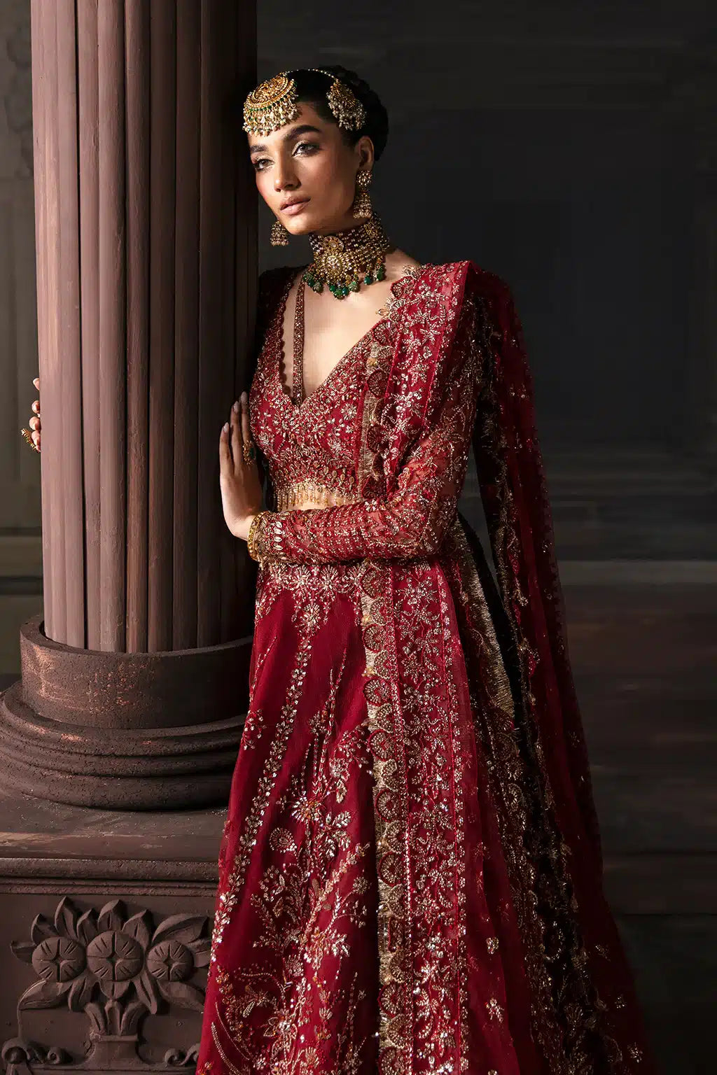 Afrozeh The Brides Edit 23 Emmaine – Maroon Pakistani Bridal Dress with intricate embroidery and embellishments. Shop elegant Asian dresses at Maria Faisal.