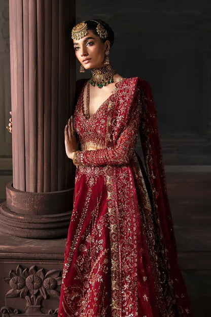 Afrozeh The Brides Edit 23 Emmaine – Maroon Pakistani Bridal Dress with intricate embroidery and embellishments. Shop elegant Asian dresses at Maria Faisal.