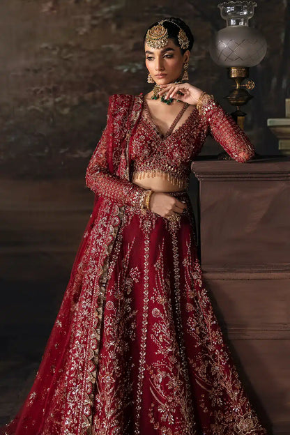 Afrozeh The Brides Edit 23 Emmaine – Maroon Pakistani Bridal Dress with intricate embroidery and embellishments. Shop elegant Asian dresses at Maria Faisal.