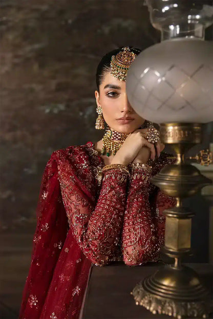 Afrozeh The Brides Edit 23 Emmaine – Maroon Pakistani Bridal Dress with intricate embroidery and embellishments. Shop elegant Asian dresses at Maria Faisal.