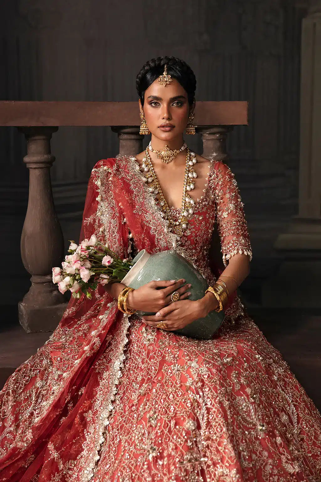 Afrozeh The Brides Edit 23 Lavinia – Rust Pakistani Bridal Dress with intricate embroidery and embellishments. Shop elegant Asian dresses at Maria Faisal.