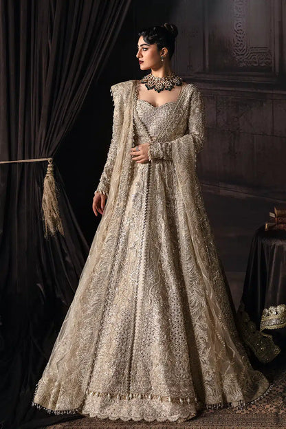 Afrozeh The Brides Edit 23 Margaret – Golden Pakistani Bridal Dress with intricate embroidery and embellishments. Shop elegant Asian dresses at Maria Faisal.