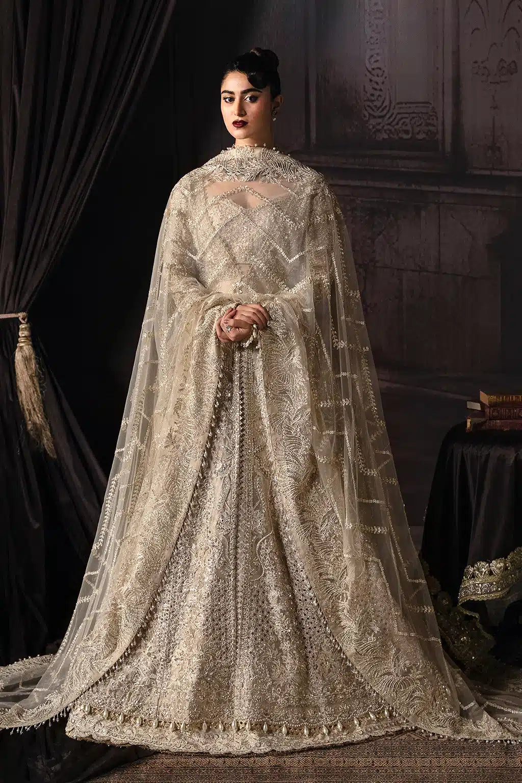 Afrozeh The Brides Edit 23 Margaret – Golden Pakistani Bridal Dress with intricate embroidery and embellishments. Shop elegant Asian dresses at Maria Faisal.
