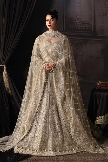 Afrozeh The Brides Edit 23 Margaret – Golden Pakistani Bridal Dress with intricate embroidery and embellishments. Shop elegant Asian dresses at Maria Faisal.