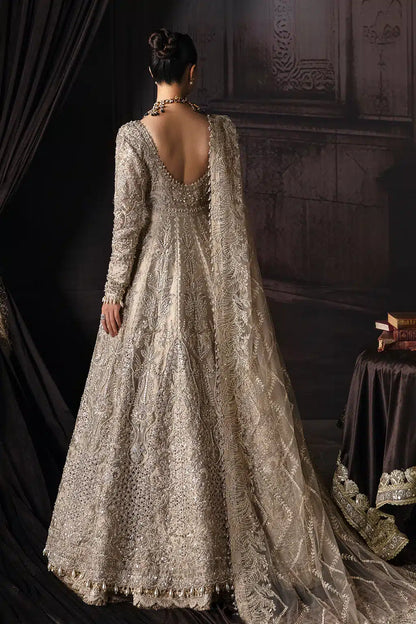 Afrozeh The Brides Edit 23 Margaret – Golden Pakistani Bridal Dress with intricate embroidery and embellishments. Shop elegant Asian dresses at Maria Faisal.