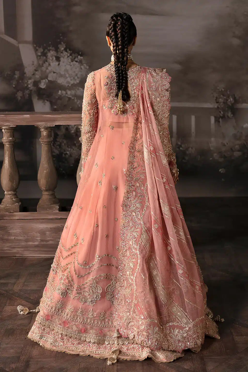 Afrozeh The Brides Edit 23 Victoria – Tea Pink Pakistani Bridal Dress with intricate embroidery and embellishments. Shop elegant Asian dresses at Maria Faisal.