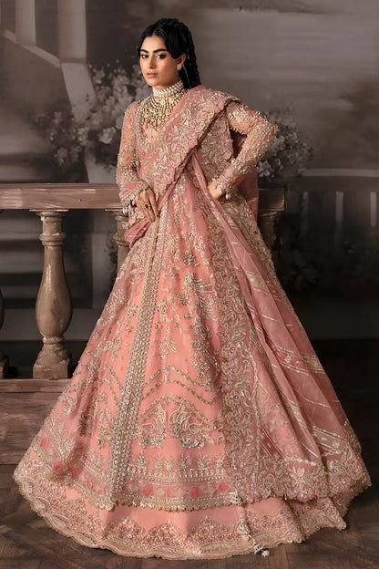 Afrozeh The Brides Edit 23 Victoria – Tea Pink Pakistani Bridal Dress with intricate embroidery and embellishments. Shop elegant Asian dresses at Maria Faisal.