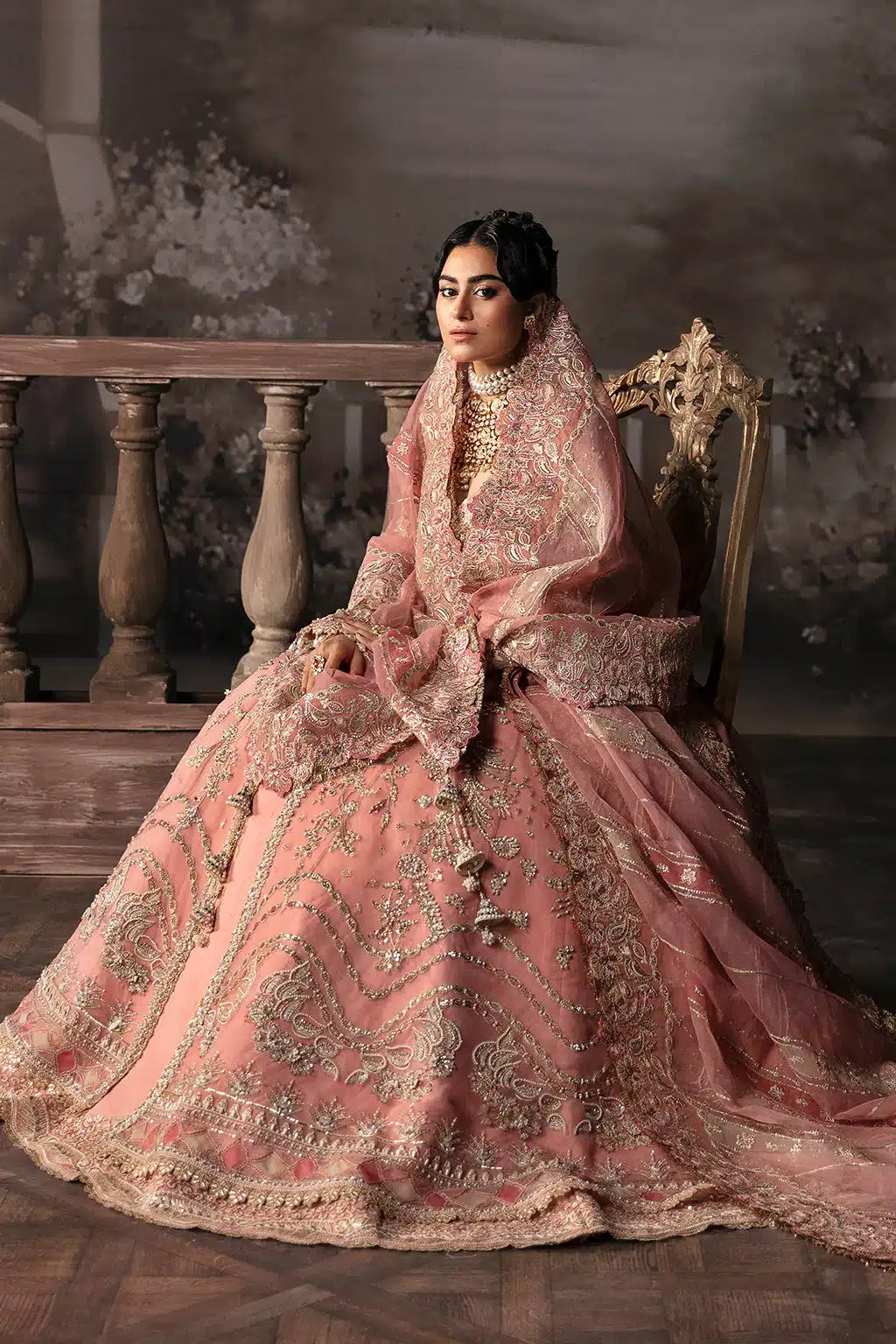 Afrozeh The Brides Edit 23 Victoria – Tea Pink Pakistani Bridal Dress with intricate embroidery and embellishments. Shop elegant Asian dresses at Maria Faisal.