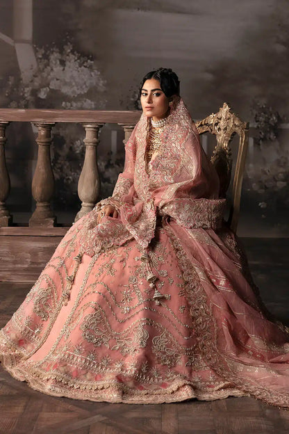 Afrozeh The Brides Edit 23 Victoria – Tea Pink Pakistani Bridal Dress with intricate embroidery and embellishments. Shop elegant Asian dresses at Maria Faisal.