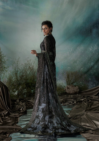 Aik Atelier | Sari Edit 2024 | SARI EDIT '24 VOL. 1 - LOOK 08 - Designer Dress with Intricate embroidery and embellishments. Shop elegent wedding dress at Maria Faisal.