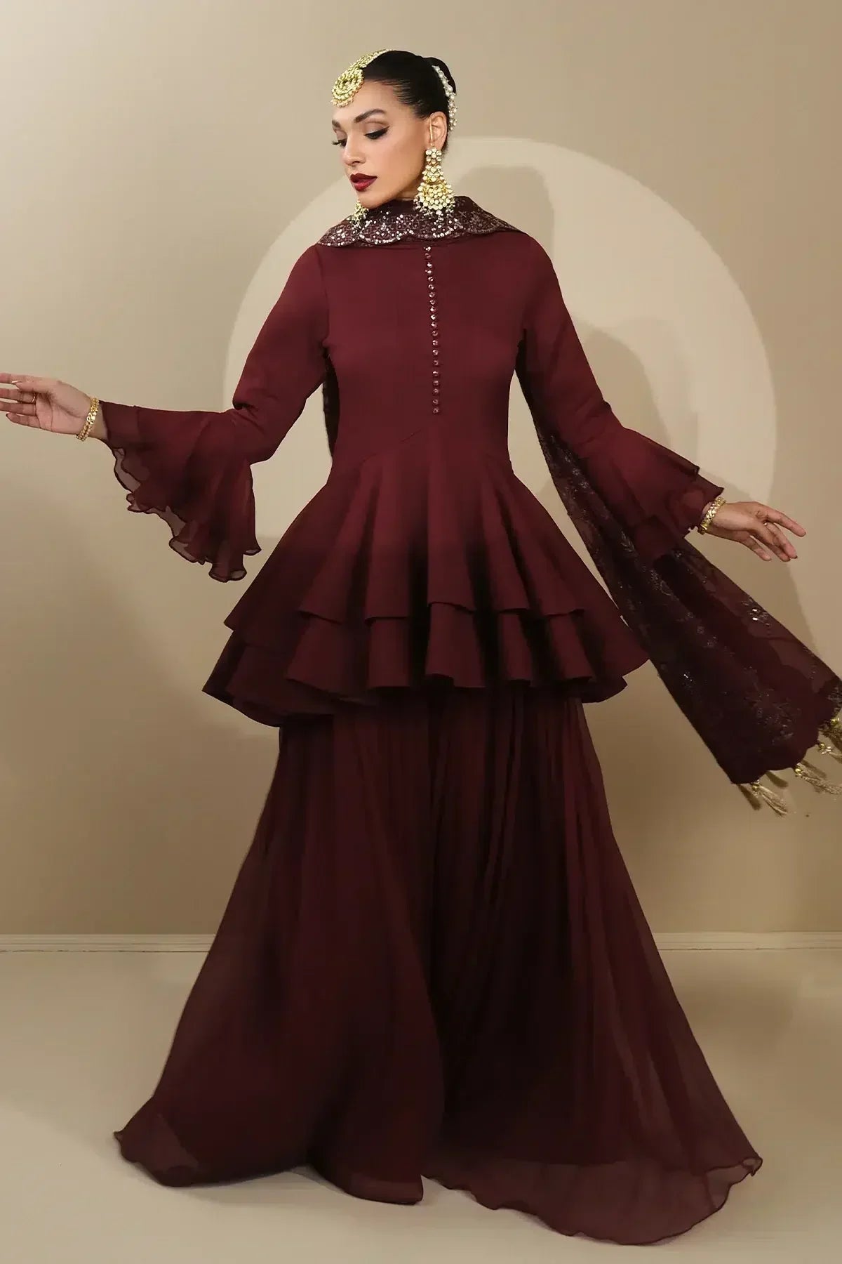 Alizeh | Formals Collection | Maroon Peplum 3 piece - RTW1014