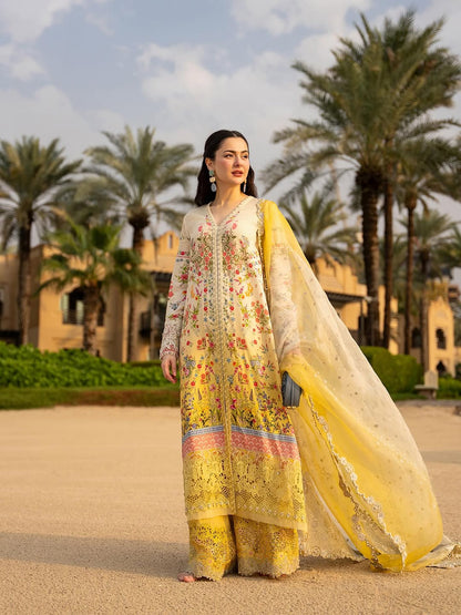 Hania Amir Wearing Yellow Mustard Dress Arta from Faiza Saqlain Aya Luxury Lawn - Front look - Available for women in UK and USA. 