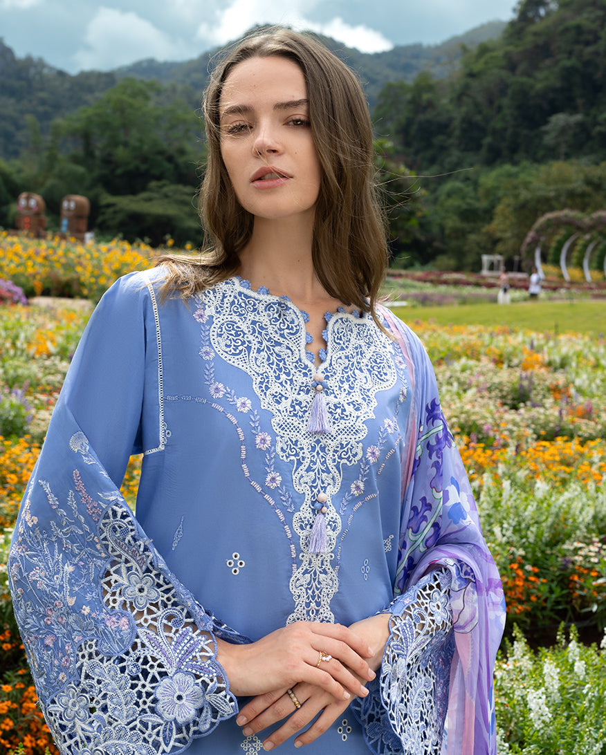 Mushq | Hemline the Secret Garden | Azure Bloom - Luxury Dress - available at Maria Faisal in UK and USA.