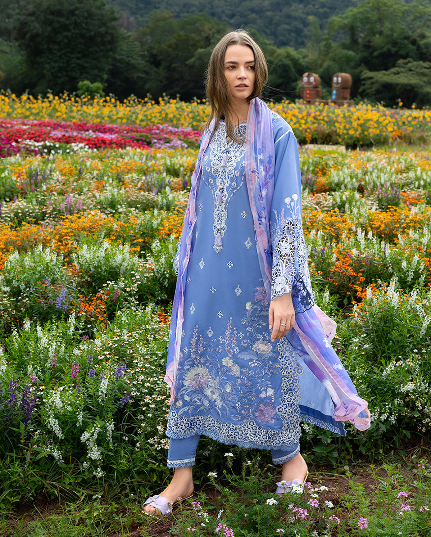 Mushq | Hemline the Secret Garden | Azure Bloom - Luxury Dress - available at Maria Faisal in UK and USA.