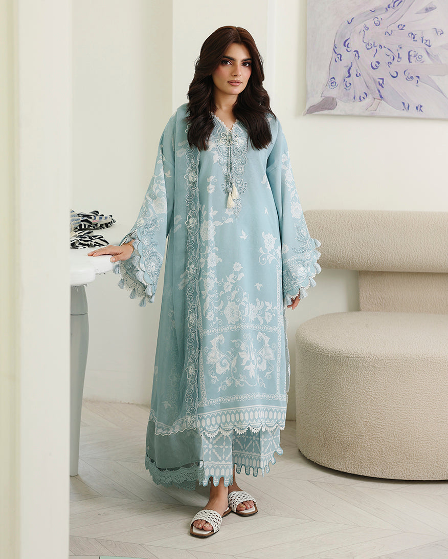 Roheenaz | Petals in Print | Azure Botanica - Casual Dress - available at Maria Faisal in UK and USA.