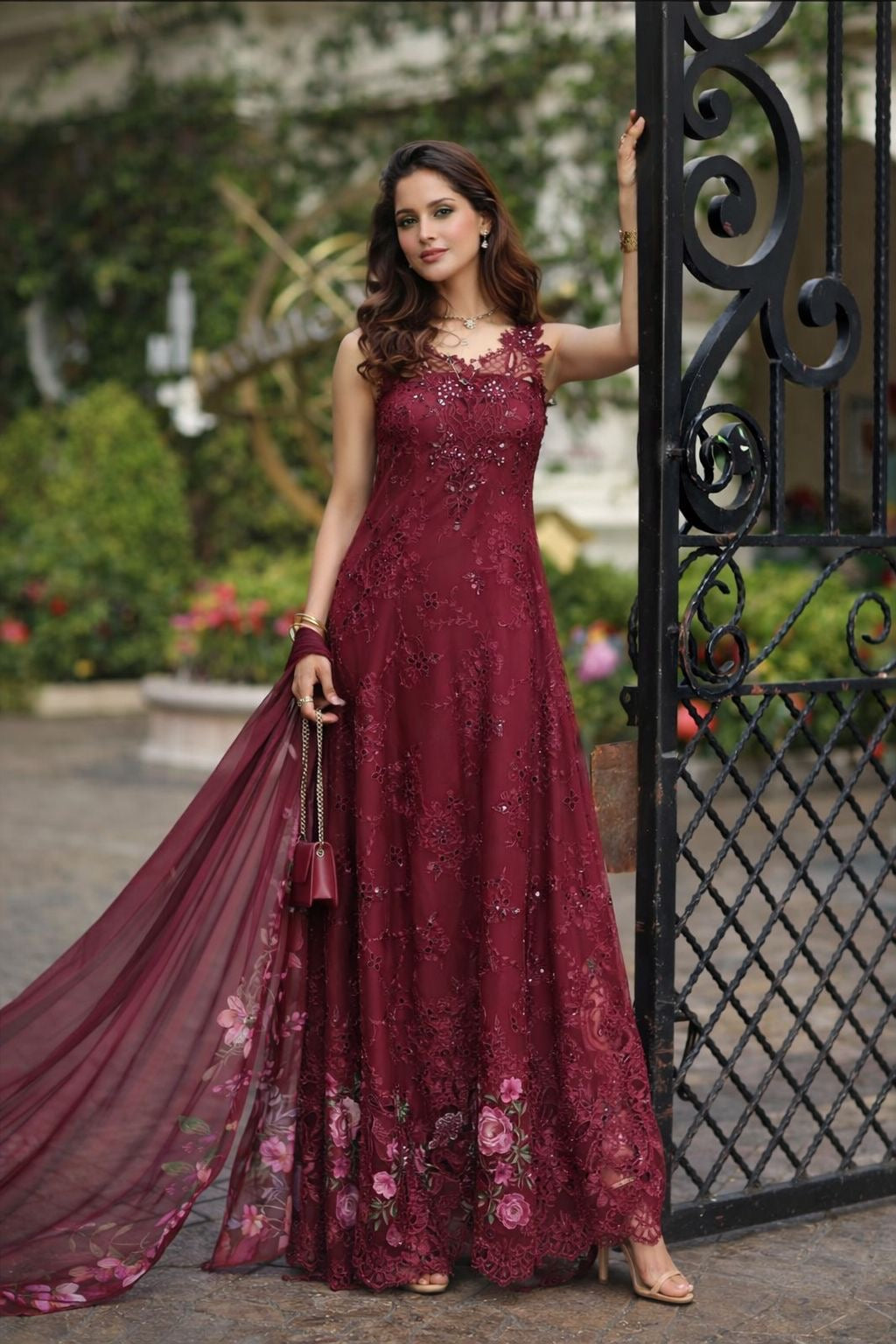 Noor by Saadia Asad | Eid Luxe Chikankari 26 | D3 -Bordeaux - Luxury Dress - available at Maria Faisal in UK and USA.