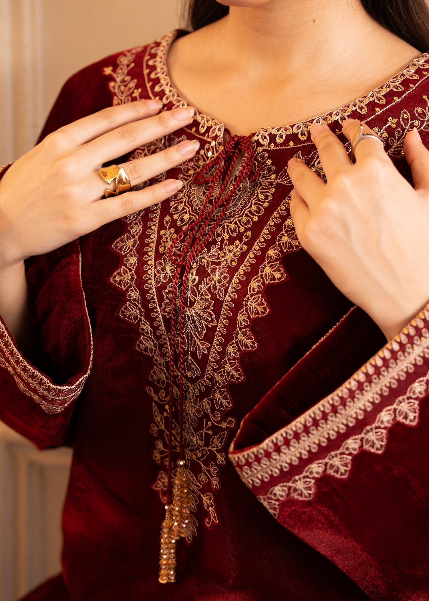 Fozia Khalid | The Velvet Rise 25 | CRIMSON GRACE - Formal Dress - available at Maria Faisal in UK and USA.