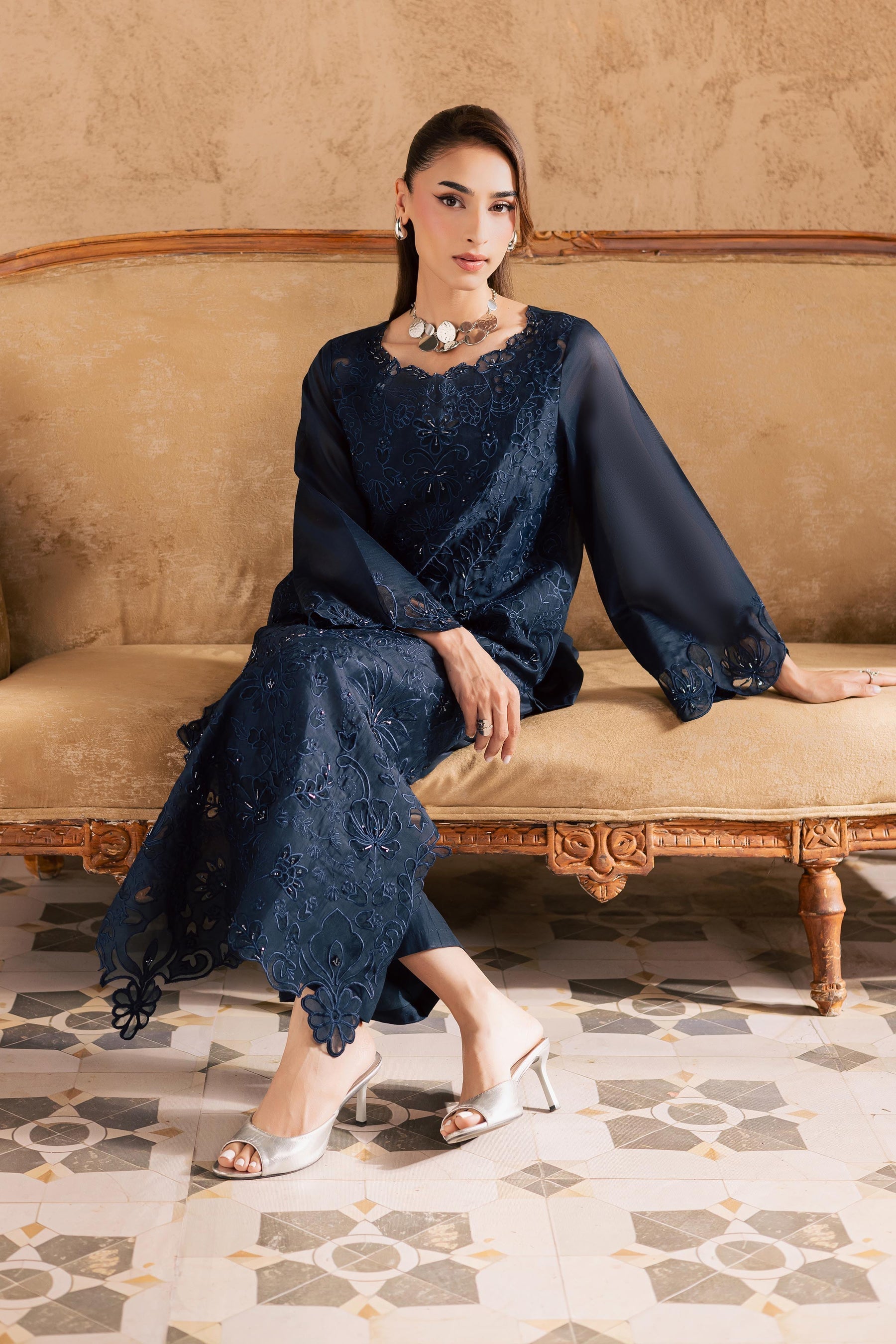 Batik | Festive Eid 26 | Blue Manila - Luxury Dress - available at Maria Faisal in UK and USA.