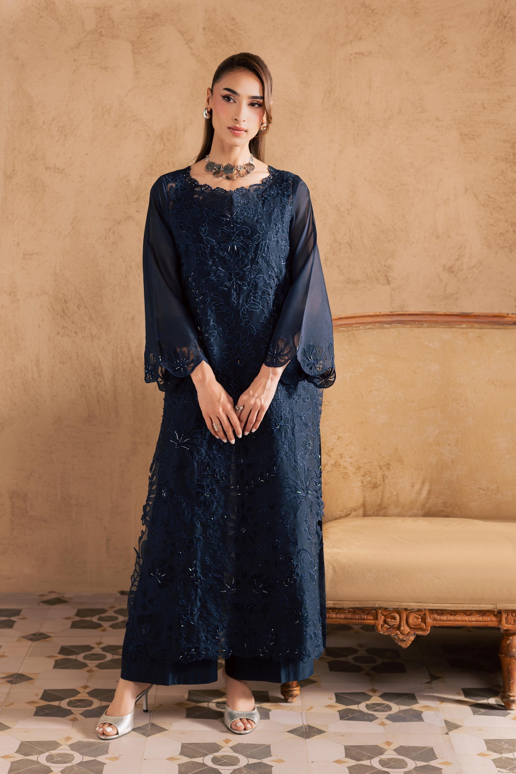 Batik | Festive Eid 26 | Blue Manila - Luxury Dress - available at Maria Faisal in UK and USA.