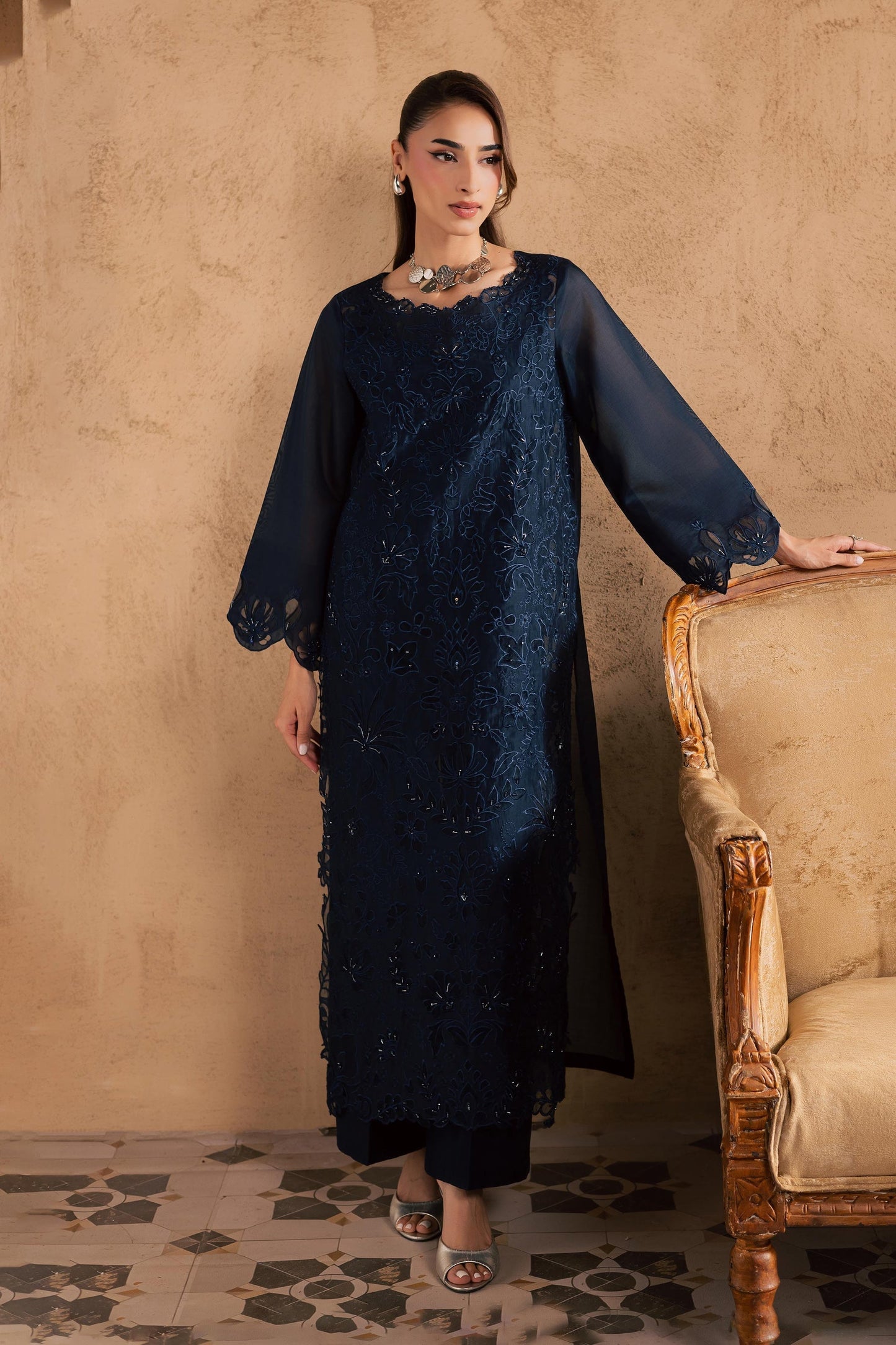 Batik | Festive Eid 26 | Blue Manila - Luxury Dress - available at Maria Faisal in UK and USA.