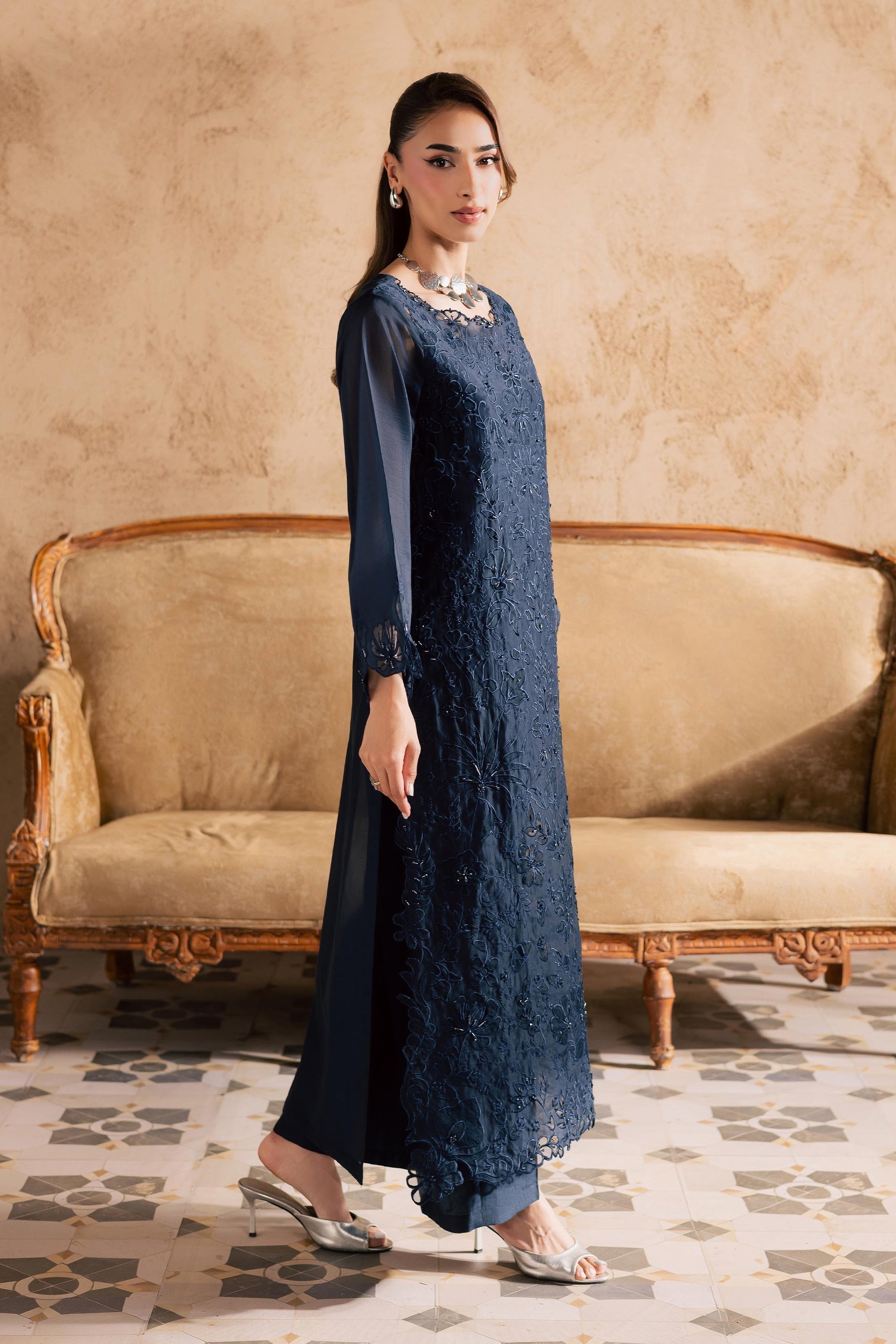 Batik | Festive Eid 26 | Blue Manila - Luxury Dress - available at Maria Faisal in UK and USA.