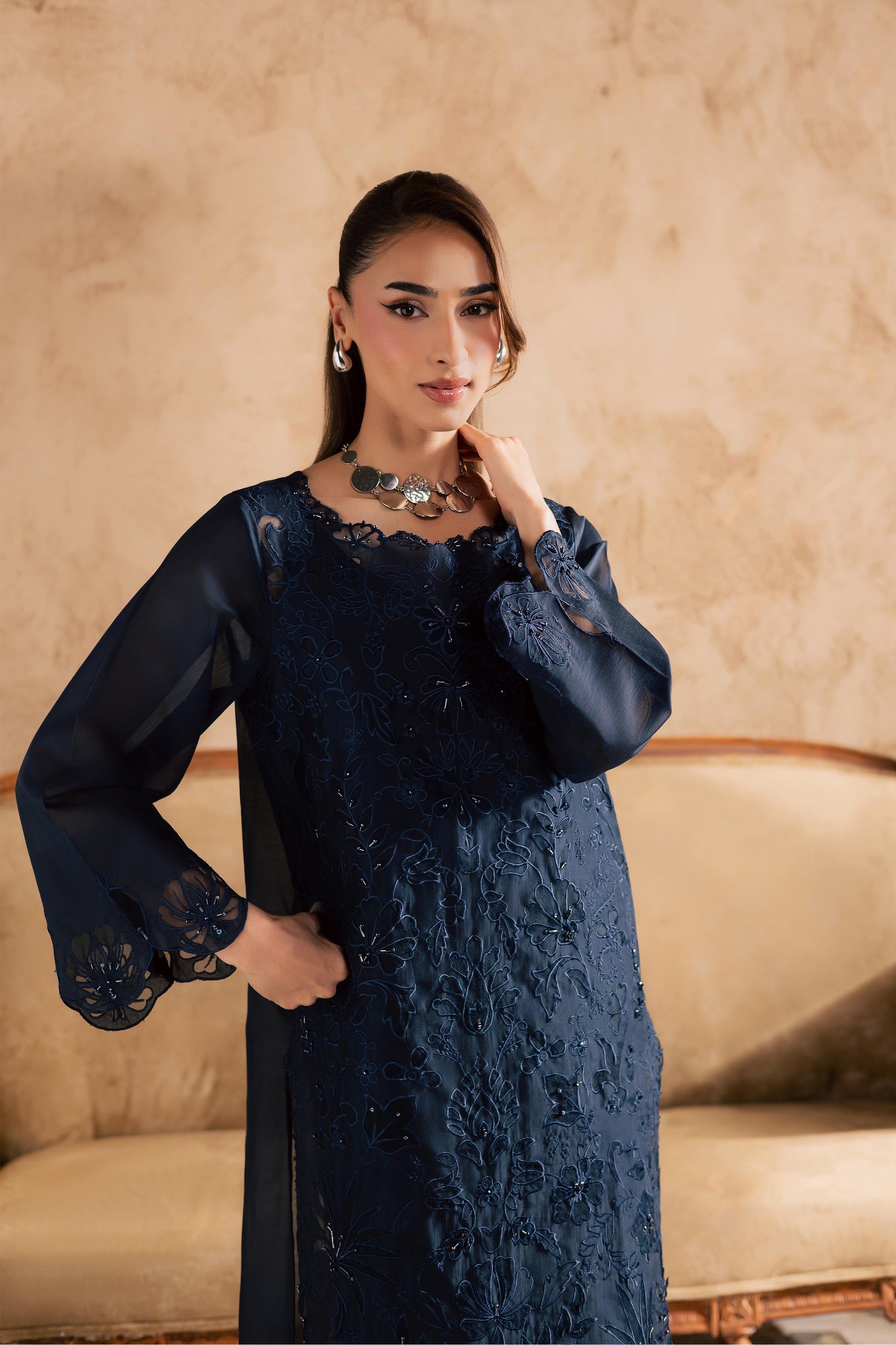 Batik | Festive Eid 26 | Blue Manila - Luxury Dress - available at Maria Faisal in UK and USA.