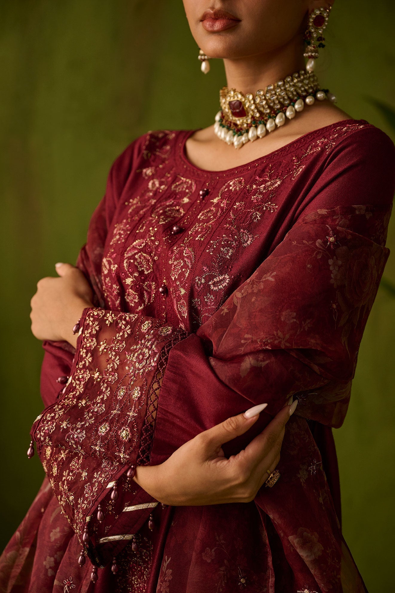 Dhanak | Festive Formals | SS24DU-3197 MAROON 3Pcs - Designer Dress with Intricate embroidery and embellishments. Shop elegent wedding dress at Maria Faisal.