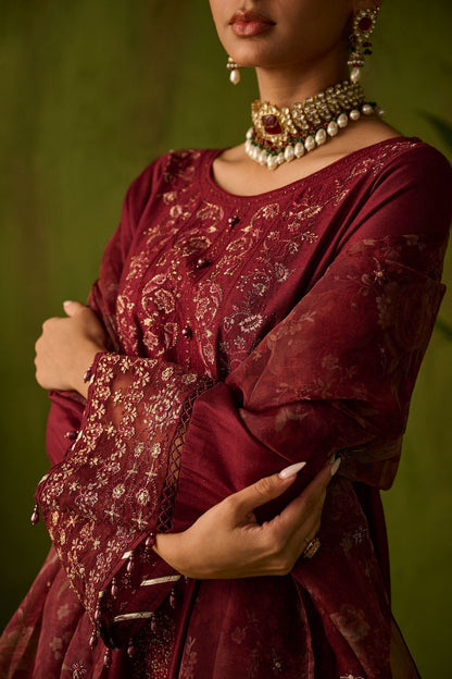 Dhanak | Festive Formals | SS24DU-3197 MAROON 3Pcs - Designer Dress with Intricate embroidery and embellishments. Shop elegent wedding dress at Maria Faisal.