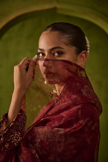Dhanak | Festive Formals | SS24DU-3197 MAROON 3Pcs - Designer Dress with Intricate embroidery and embellishments. Shop elegent wedding dress at Maria Faisal.