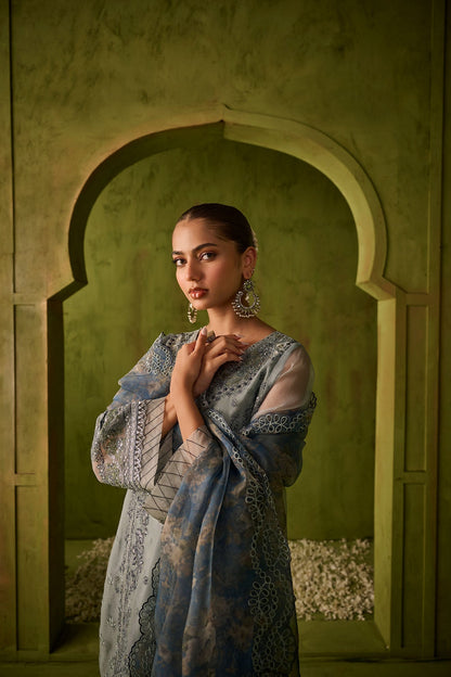 Dhanak | Festive Formals | SS24DU-3196 BLUE 3Pcs - Designer Dress with Intricate embroidery and embellishments. Shop elegent wedding dress at Maria Faisal.