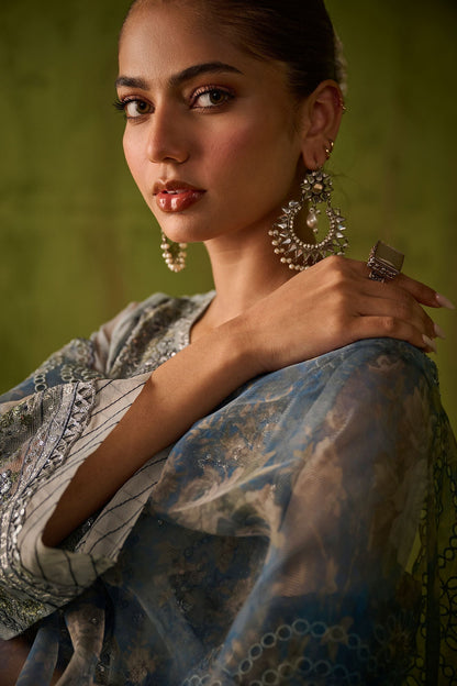 Dhanak | Festive Formals | SS24DU-3196 BLUE 3Pcs - Designer Dress with Intricate embroidery and embellishments. Shop elegent wedding dress at Maria Faisal.