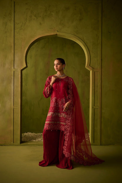 Dhanak | Festive Formals | SS24DU-3200 DARK-PINK 3Pcs - Designer Dress with Intricate embroidery and embellishments. Shop elegent wedding dress at Maria Faisal.