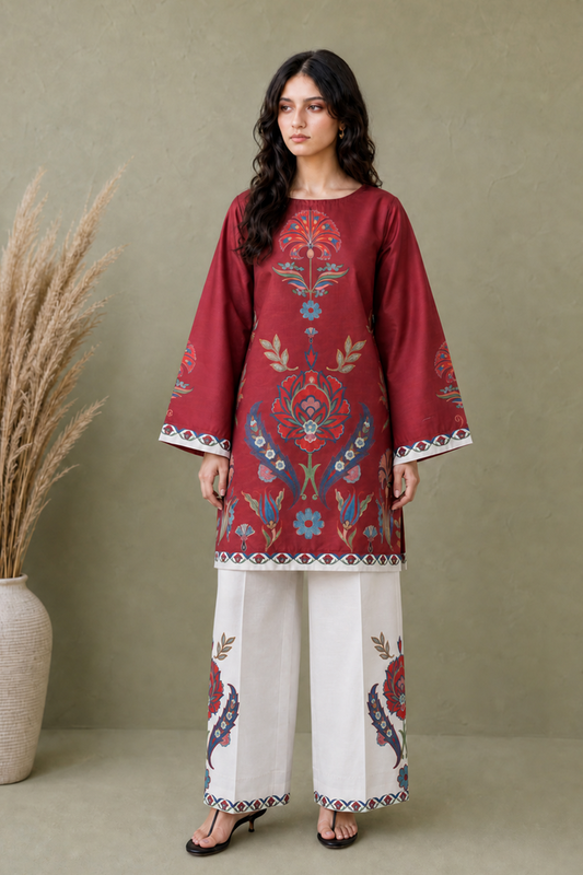 Saad Shaikh | Ease Fall Edit 26 | D-11 Co-ord Set Maroon and White - Casual Dress - available at Maria Faisal in UK and USA.