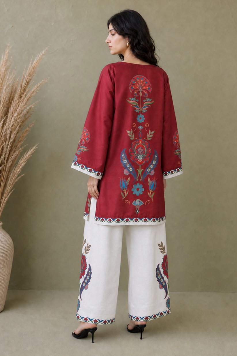 Saad Shaikh | Ease Fall Edit 26 | D-11 Co-ord Set Maroon and White - Casual Dress - available at Maria Faisal in UK and USA.