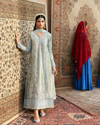 Model Wearing Ice Blue Long Shirt from Emaan Adeel at Maria Faisal in UK.