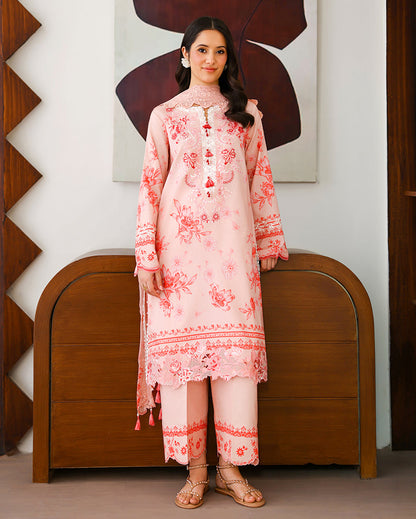 Roheenaz | Sunlit Tales Printed Embroidered Edit | Coral whisper - Luxury Dress - available at Maria Faisal in UK and USA.