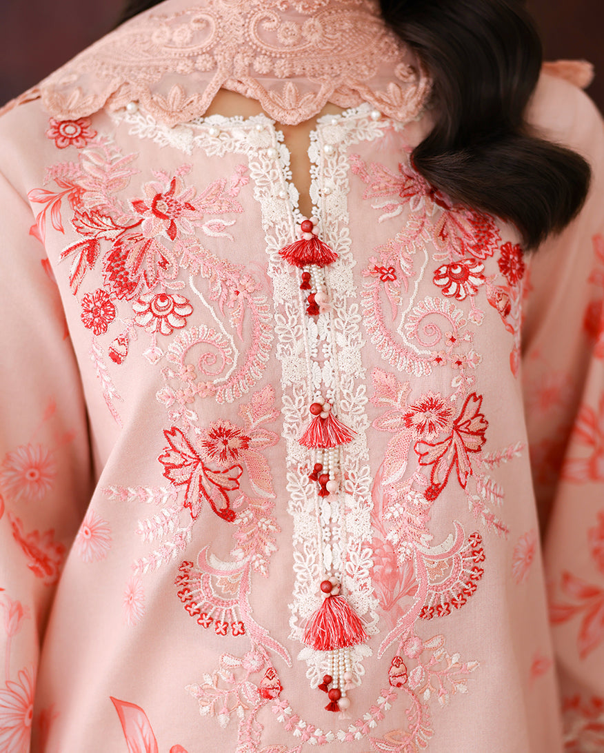 Roheenaz | Sunlit Tales Printed Embroidered Edit | Coral whisper - Luxury Dress - available at Maria Faisal in UK and USA.
