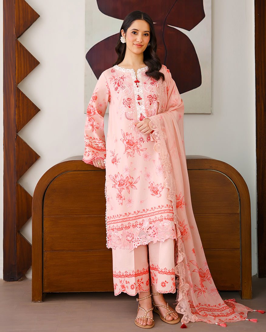 Roheenaz | Sunlit Tales Printed Embroidered Edit | Coral whisper - Luxury Dress - available at Maria Faisal in UK and USA.