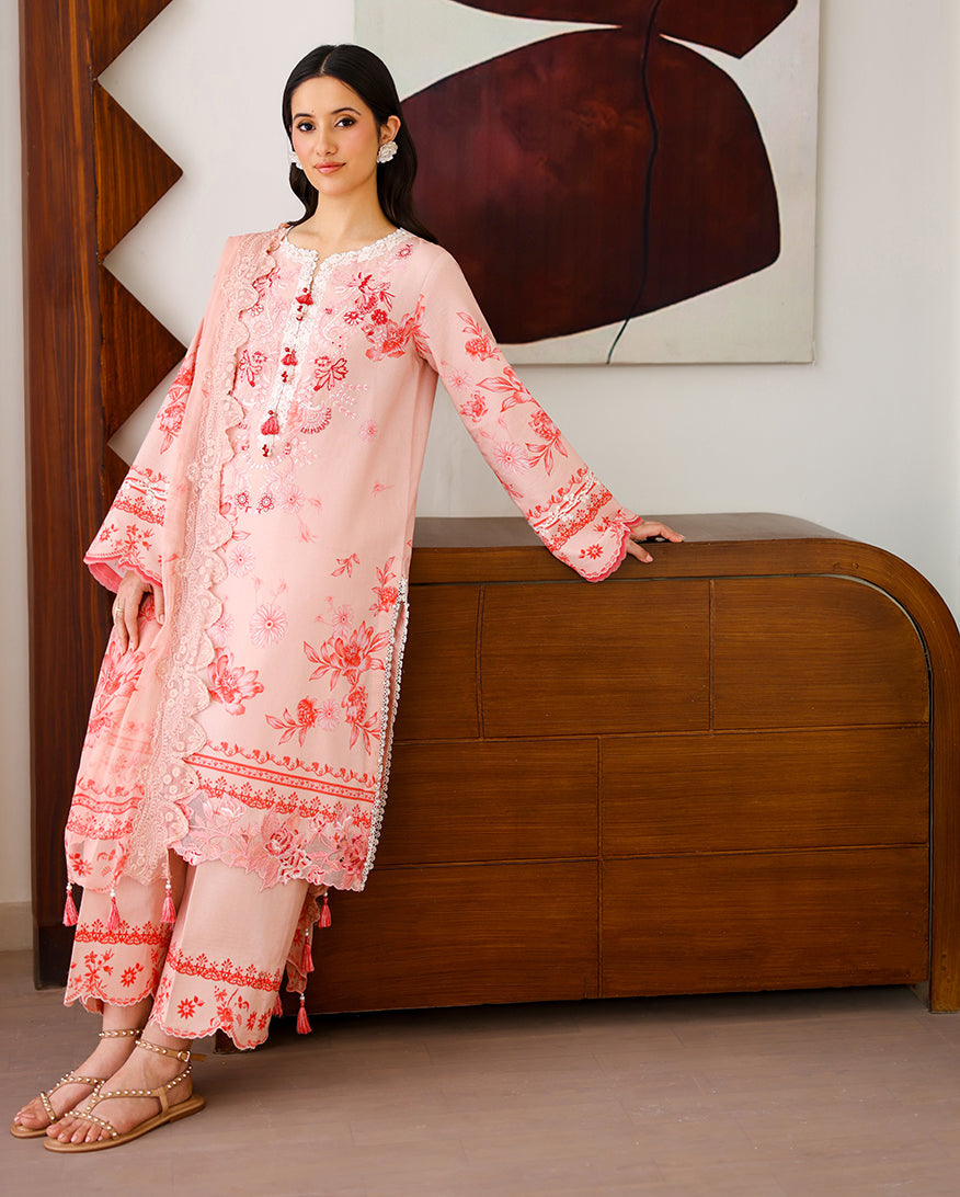 Roheenaz | Sunlit Tales Printed Embroidered Edit | Coral whisper - Luxury Dress - available at Maria Faisal in UK and USA.