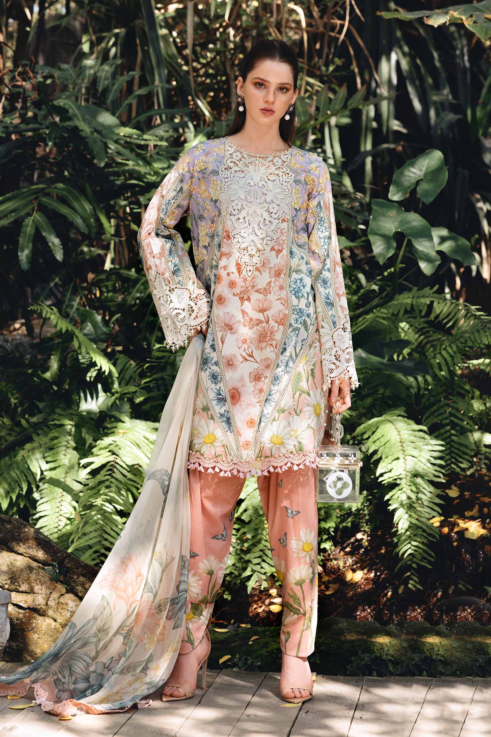 White and Peach Short Shirt with Shalwar - Maria B | M Prints Eid'26 | MPT-2910-B - Ladies Clothes - Maria Faisal