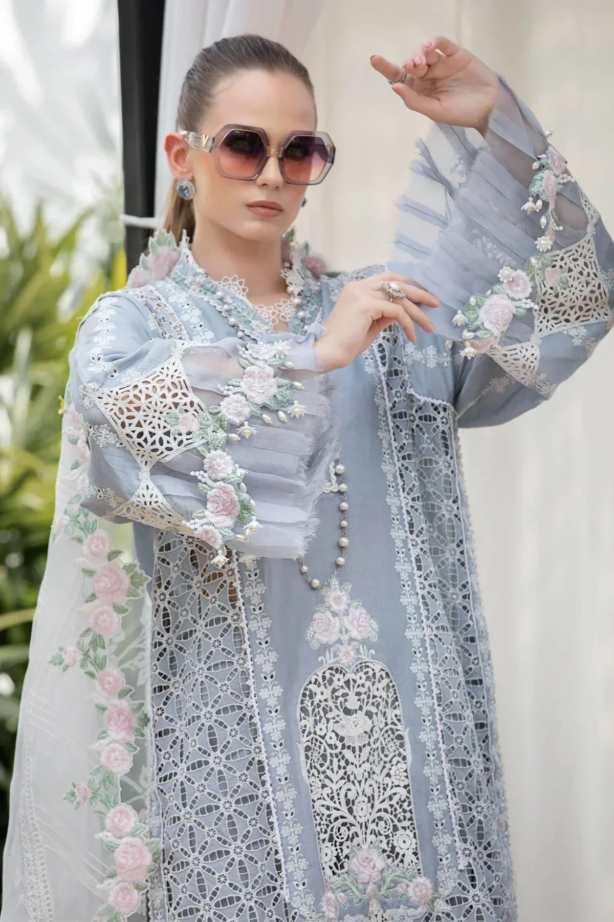 Maria B | Luxury Lawn | EL-23-10-Ice Blue - Ladies Clothes - Maria Faisal