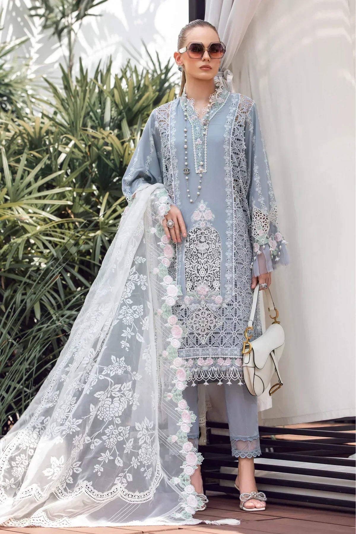 Maria B | Luxury Lawn | EL-23-10-Ice Blue - Ladies Clothes - Maria Faisal