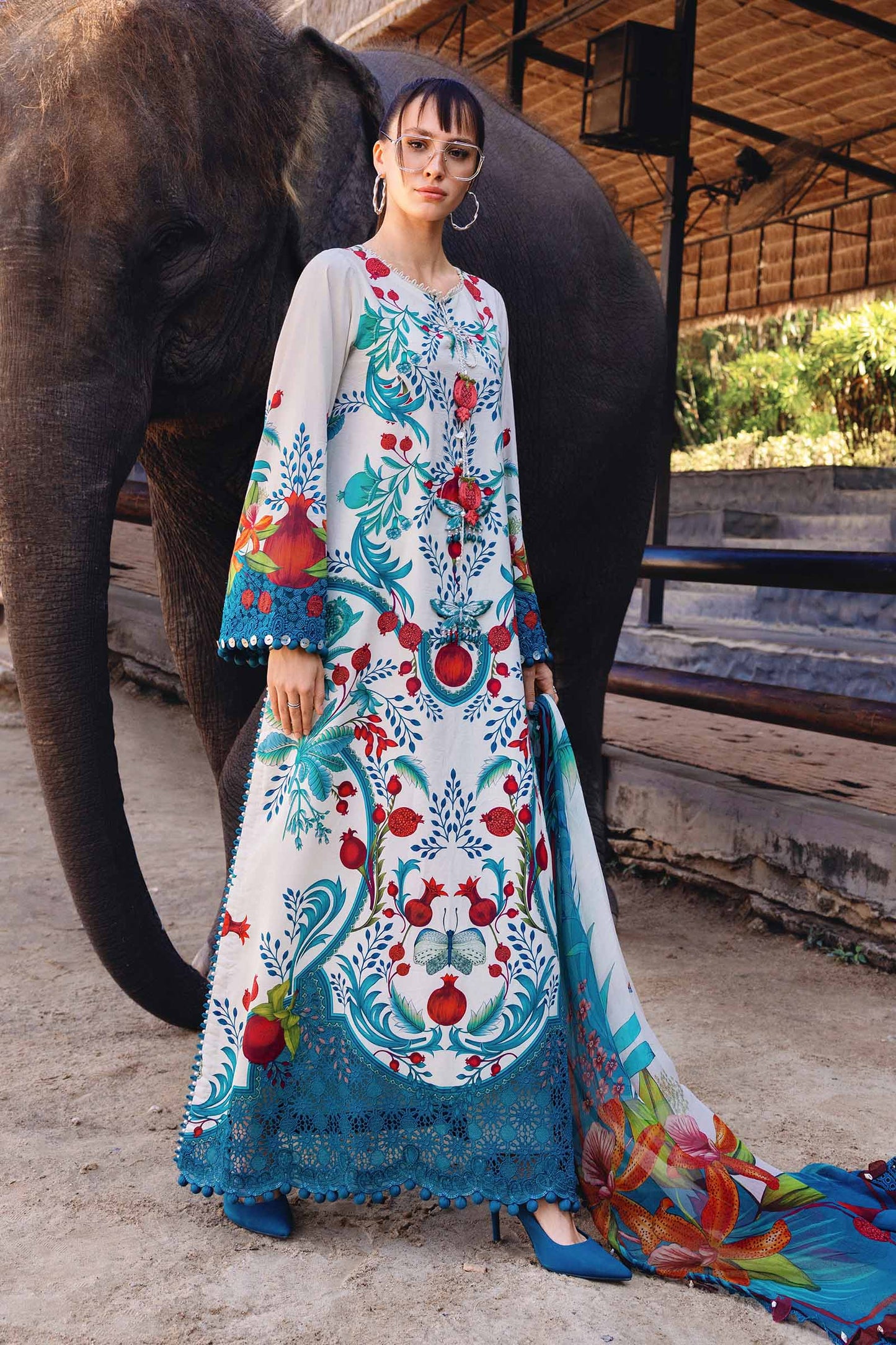 Off White Long Shirt with Pants - Maria B | M Prints Eid'26 | MPT-2912-A - Ladies Clothes - Maria Faisal