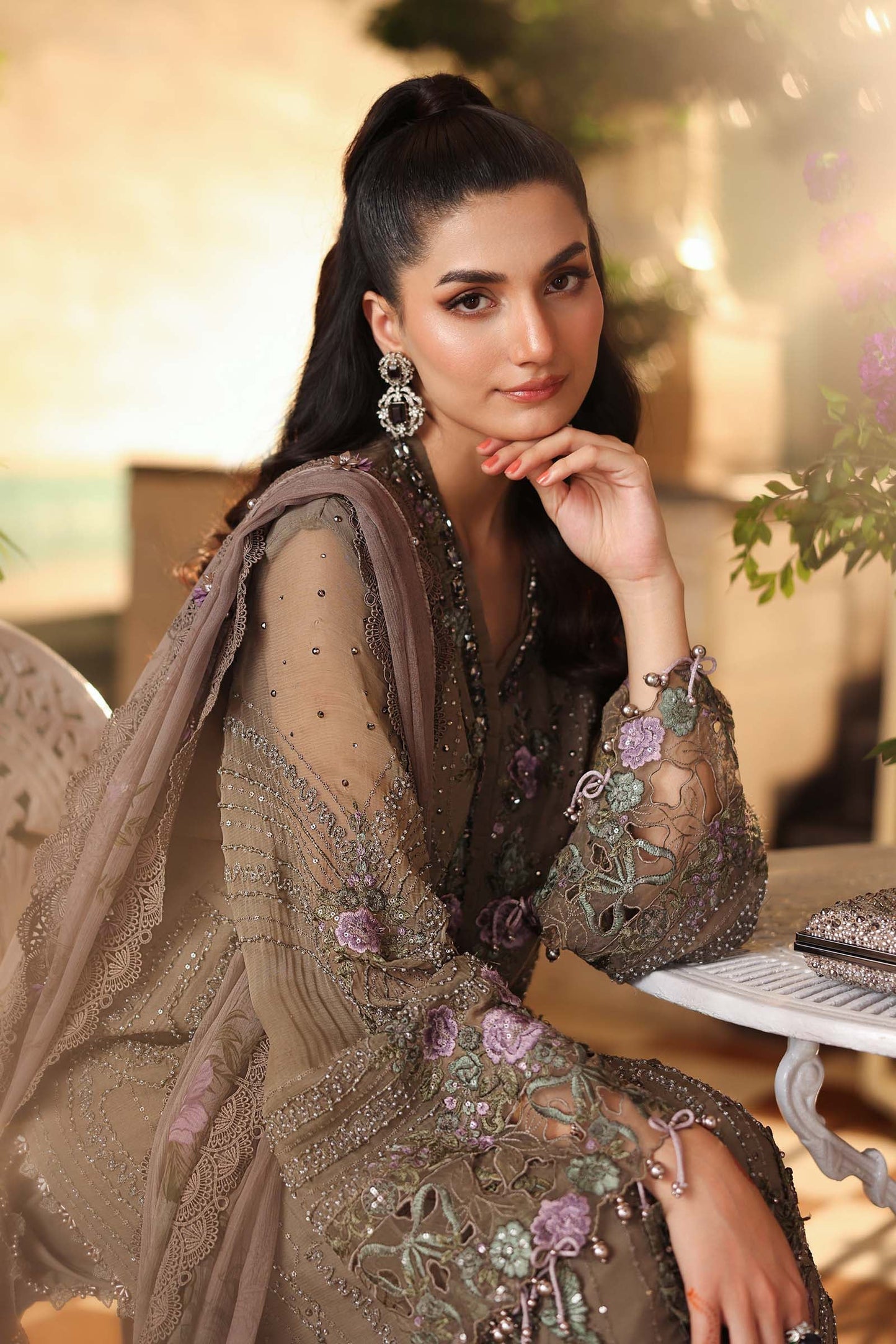Maria b | Chiffon Formals 26 | MPC-26-102-Muted Mocha Brown - Formal Dress - available at Maria Faisal in UK and USA.