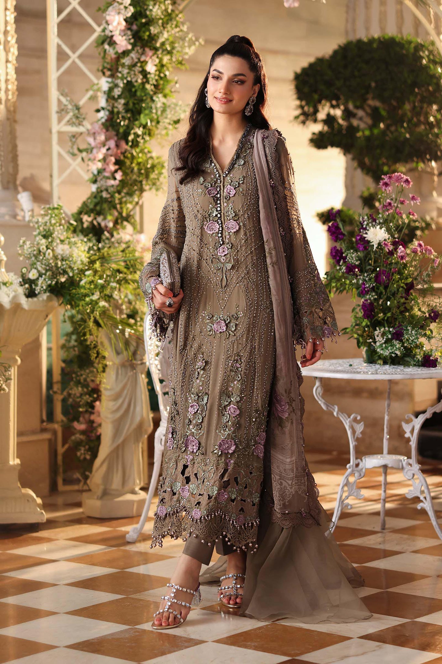 Maria b | Chiffon Formals 26 | MPC-26-102-Muted Mocha Brown - Formal Dress - available at Maria Faisal in UK and USA.