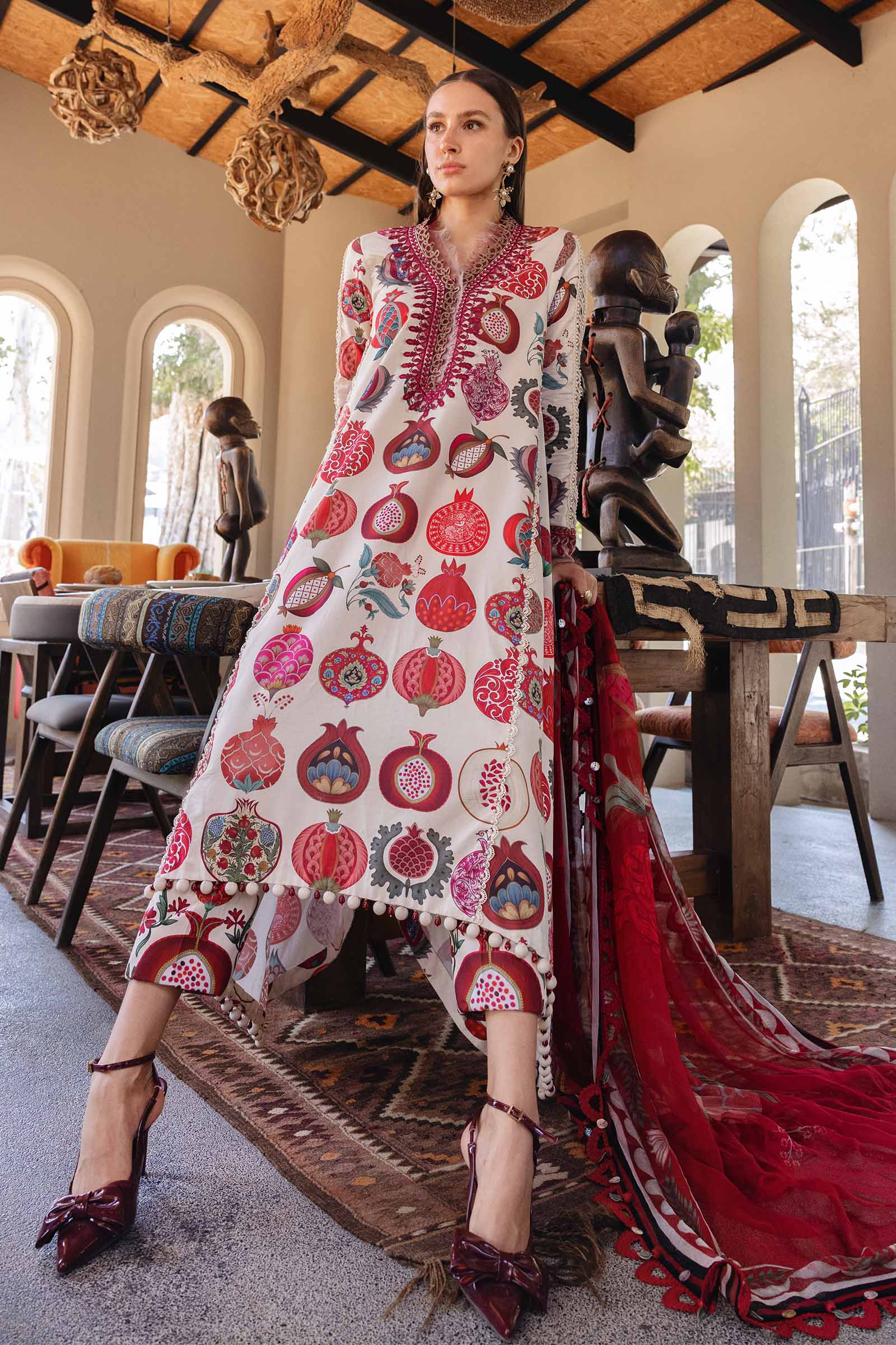 Off White A Line Shirt with Pants - Maria B | M Prints Eid'26 | MPT-2903-A - Ladies Clothes - Maria Faisal