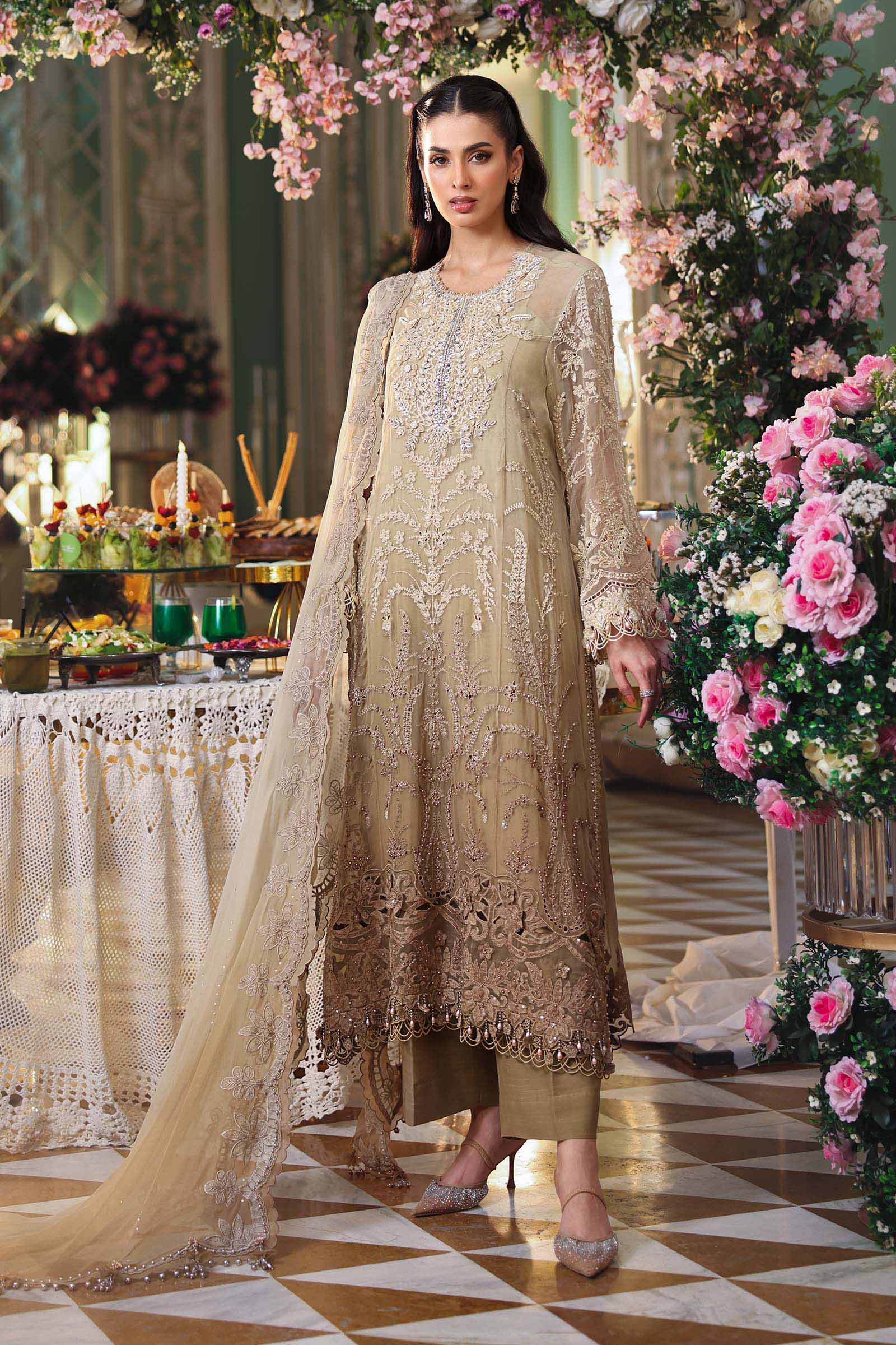 Maria b | Chiffon Formals 26 | MPC-26-103-Olive Gold - Formal Dress - available at Maria Faisal in UK and USA.